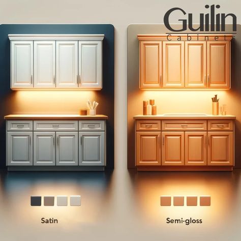 Satin or Semi-Gloss Cabinets: What’s the Difference? - Guilin Cabinets Satin Finish Cabinets, Satin Vs Semi Gloss Kitchen Cabinets, Semi Gloss Kitchen Cabinets, Benjamin Moore Kitchen, Satin Finish Paint, Gloss Kitchen Cabinets, Staining Cabinets, Refinishing Cabinets, Guilin