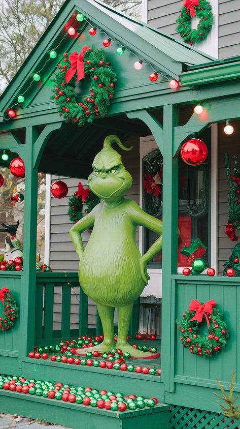 Add a mischievous twist to your holiday decorations with these 220 Grinch-themed Christmas porch decor ideas. Featuring green accents, whimsical designs, and fun Grinch-inspired touches, these ideas bring humor and joy to your porch. Perfect for families and those who love a playful holiday theme, these tips will make your porch the talk of the neighborhood. Grinchmas Decorations Diy, Grinch Porch, Grinch Cross Stitch, Grinch Yard Decorations, Who Ville, Grinch Halloween, A Grinch Christmas, Door Decoration Ideas, Christmas Porch Decor Ideas