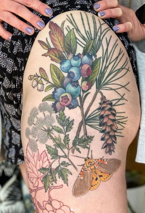 Wild Isley Tattoo, Wild Mushroom Tattoo, Wildflower Garden Tattoo, Forest Foliage Tattoo, Colorful Cover Up Tattoos, Cheeky Tattoos, Flower Garden Tattoo, Cottagecore Tattoo Ideas, Botanical Tattoo Vintage