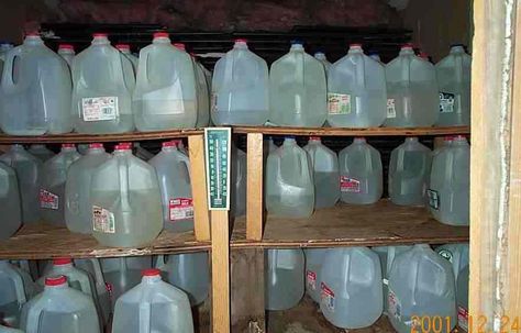 milk jugs filled with water in food storage Myths And Facts, Emergency Prepardness, Emergency Preparation, Emergency Plan, Emergency Supplies, Homestead Survival, Emergency Prepping, Disaster Preparedness, Survival Food