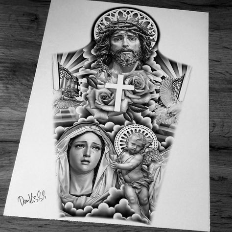 Religious Tattoo Design, Tattoos For Women Arm, Jesus Tattoo Sleeve, Religous Tattoo, Religious Tattoo Sleeves, Angel Sleeve Tattoo, Religion Tattoos, Jesus Tattoo Design, Religious Imagery