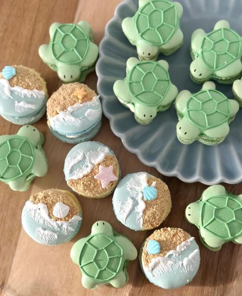 Happy World Wildlife Day!! Wish I was celebrating at the beach with these sea turtles! 🐢🏝️ #wildlifedaycollab2024 Thanks so much to the… | Instagram Under The Sea Macarons, Cookies For Birthday Party, Cute Beach Birthday Ideas, Ocean Food Ideas, Sea Turtle Cakes, Ocean Themed Birthday Party Food, Cute Summer Desserts, Beach Macarons, Under The Sea Desserts