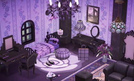 Goth Wallpaper Animal Crossing, Acnh Purple Room, Acnh Monster High Designs, Goth Bedroom Animal Crossing, Acnh Gothic Bedroom, Acnh Goth Bedroom, Muffy Animal Crossing House, Acnh Goth House Interior, Acnh Living Room Inspiration