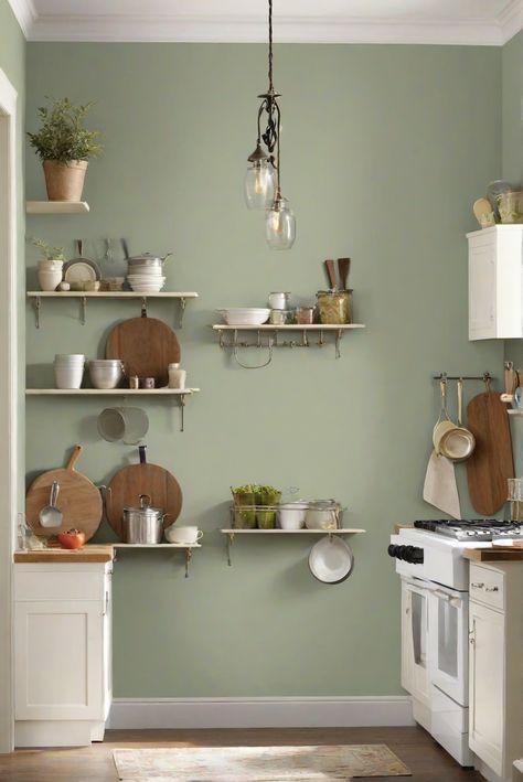 kitchen paint colors, interior design, home decor, wall paint ideas Green Wall Kitchen Ideas, Green Walls Kitchen, Pewter Green Sw, Sage Green Kitchen Walls, Kitchen Wall Paint, Olive Green Kitchen, Green Kitchen Walls, Garden Sage, Sage Kitchen