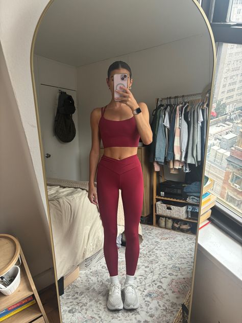 Workout set, pilates, yoga, Aerie, red workout set, leggings, sports bra, Hoka, crossover leggings Sporty Red Leggings For Pilates, Red Full Length Leggings For Pilates, Red Workout Outfit, Red Workout Set, Red Fitted Workout Leggings, Red Compressive Gym Leggings, Compressive Red Gym Leggings, Crossover Leggings, Pilates Yoga