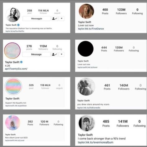 Evolution of Taylor's insta bio Taylor Swift Ig Bio, Taylor Swift Matching Bio, Fan Account Username Ideas, Taylor Swift Bio, Taylor Swift Ig, Aesthetic Instagram Accounts, Ig Bio, Soft Grunge Aesthetic, Love You Babe