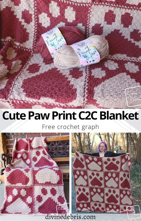 Cute Paw Print C2C Blanket Free Crochet Pattern Free C2c Patterns, Crochet Blanket Animals, Corner To Corner Crochet Blanket, C2c Patterns, Crochet C2c Pattern, C2c Blanket, Cute Paw Print, C2c Crochet Pattern Free, Crocheted Afghans