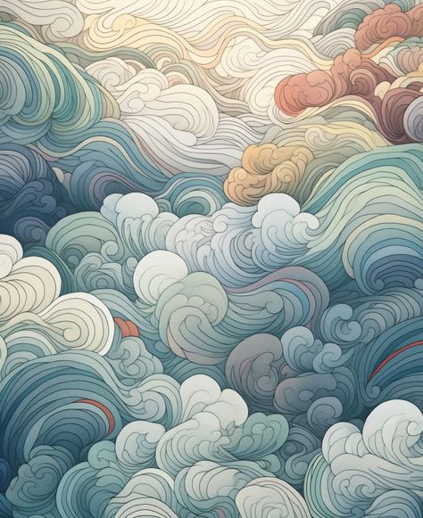 Asian Cloud Pattern, Asian Clouds Drawing, Clouds Art Drawing, Stylized Clouds, Japanese Clouds, Cloud Art, Cloud Drawing, Water Art, Cloud Painting