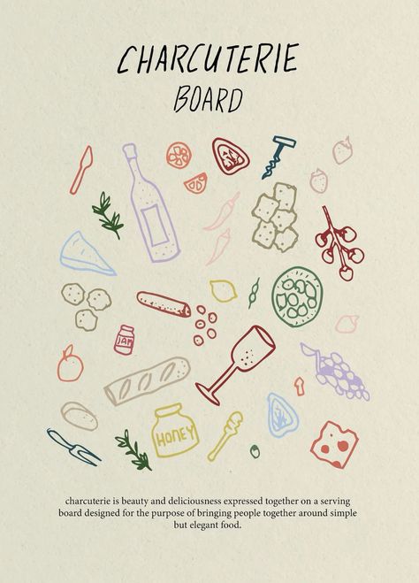 ✏️ #Branding #typography #icon Charcuterie Board Branding, Food Doodles Aesthetic, Food Drawings Aesthetic, Charcuterie Drawing, Charcuterie Board Drawing, Charcuterie Illustration, Charcuterie Branding, Dinner Doodle, Food Line Drawing