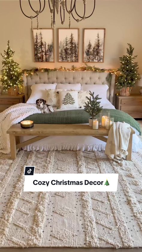 Morgan Winton on TikTok Guest Bedroom Christmas Decorating Ideas, Bedroom Ideas For Christmas, Christmas Room Makeover, Winter Bedroom Aesthetic, Farmhouse Christmas Bedroom, Christmas Guest Bedroom, Living Room For Christmas, Green And White Bedroom, Winter Bedroom Decor