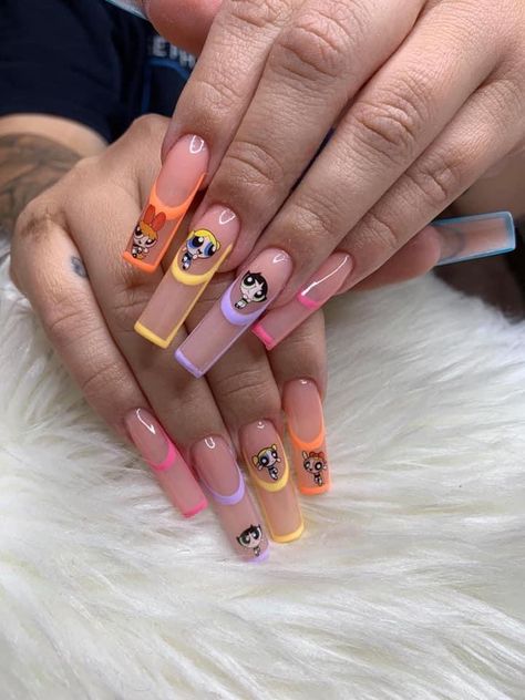 Care Bear Nails, Cartoon Character Nails, Ppg Blossom, Bubbles Art, You Nails, Disney Acrylic Nails, Unghie Nail Art, Retro Nails, Halloween Acrylic Nails