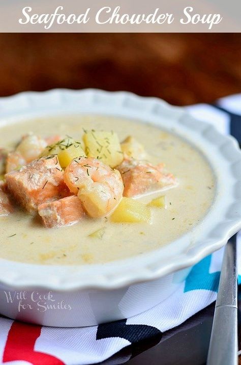 Seafood Chowder Soup | from willcookforsmiles.com #seafood #soup #chowder Seafood Chowder Soup, Bacon Tomato Pasta, Soup Chowder, Chipotle Shrimp, Will Cook For Smiles, Seafood Chowder, Chowder Soup, Fall Soup Recipes, Bacon Tomato