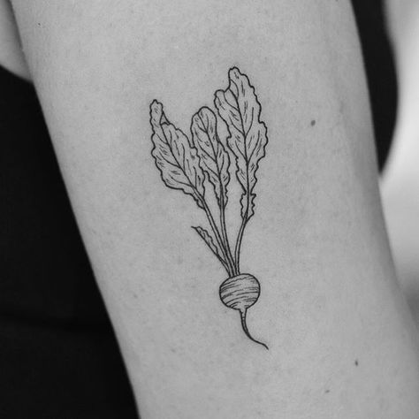 Beet for Maegan! Foral Tattoo, Radish Tattoo, Botanical Illustration Tattoo, Vegetable Tattoo, Culinary Tattoos, Olivia Harrison, Floral Arm Tattoo, Botanical Tattoos, Bunny Tattoo