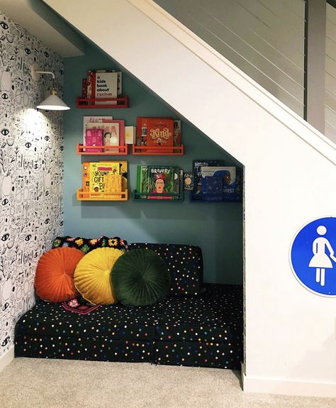 Closet Playroom Under The Stairs, Under Stairs Kids Nook, Under Stairs Hideout For Kids, Reading Book Under Stairs, Staircase Playroom, Understair Play Space, Kids Nook Under Stairs, Understairs Kids Space Play Areas, Under The Stairs Book Nook