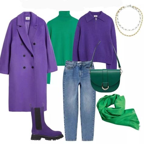 Blue And Purple Outfit Aesthetic, Purple Green Outfit, Kettlewell Winter, Purple And Green Outfit, Purple Coat Outfit, Green And Purple Outfit, Pink Boots Outfit, Colour Combinations Fashion, Color Combos Outfit