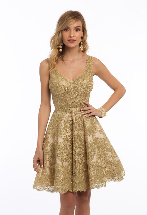 A party dress with a princess twist, this gorgeous gold must have finds the balance between formal and fun. The ornate detail is perfect for an upscale event like weddings or homecoming celebrations, while the fit and flare silhouette, open back, shoulder straps and V-neckline tone it down perfectly for a sweet 16. No matter where you're headed this weekend, a pair of gold heels, a gold clutch and drop earrings should do just the trick. #CamilleLaVie Quinceanera Dama Dresses, Knee Length Prom Dress, Dama Dresses, Sell Dresses, Cheap Homecoming Dresses, Tie Front Dress, Knee Length Shorts, Gold Lace, Plus Size Wedding