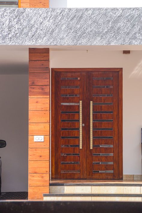 #Entrance  #double door #wooden #kerala #kerala style #Entrance door #contemporary #architectural #glass panelling #beatifulhome my work Front Double Door Design, Entrance Double Door, Front Double Door, Wooden Window Design, Queenslander House, Wooden Double Doors, Double Door Entrance, Front Door Design Wood, Entrance Furniture