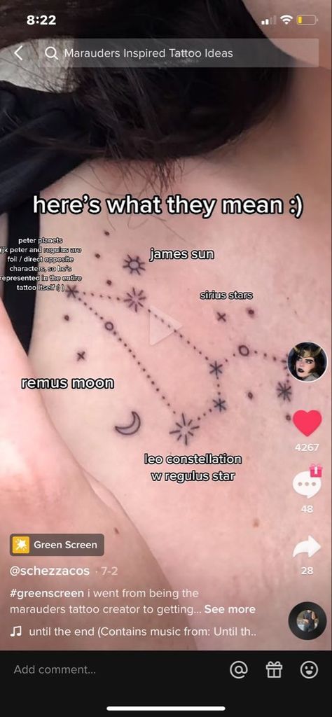 Regulus Tattoo Constellation, The Mauraders Tattoo, Wolf Star Tattoo, Remus Constellation, Anything For Our Moony Marauders Tattoo, Regulus Star Tattoo, Regulus Constellation Tattoo, Wolfstar Constellation, Starchaser Tattoo