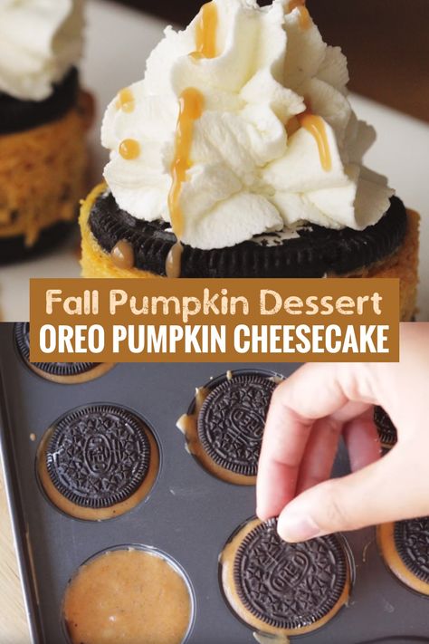 Experience the perfect fusion of pumpkin spice and creamy indulgence with this Oreo Pumpkin Cheesecake. This irresistible dessert layers velvety pumpkin cheesecake on a rich Oreo cookie crust, creating a heavenly treat that's perfect for autumn gatherings. Whether you're a seasoned baker or just craving something sweet, this cheesecake is a must-try for capturing the essence of the season. Slice, savor, and celebrate fall in every bite! #OreoPumpkinCheesecake #FallDesserts #AutumnIndulgence Pumpkin Oreo Cheesecake Cupcakes, Pumpkin Mini Cheesecake Recipes, Mini Pumpkin Cheesecake Recipes, Oreo Pumpkin Cheesecake, Oreo Pumpkin, Pumpkin Cheesecake Cupcakes, Thanksgiving Cheesecake, Fall Desserts Pumpkin, Delicious Thanksgiving Desserts