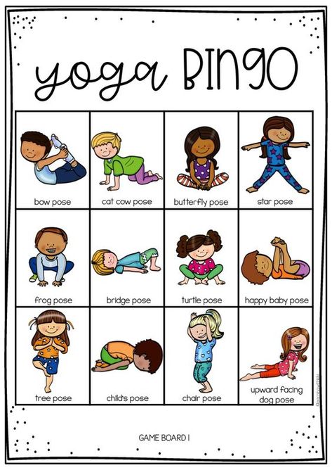 Sport Snacks, Kids Yoga Games, Preschool Yoga, Oppgaver For Barn, Kid Yoga Lesson Plans, Yoga Lesson Plans, Yoga Games, Bingo For Kids, Childrens Yoga