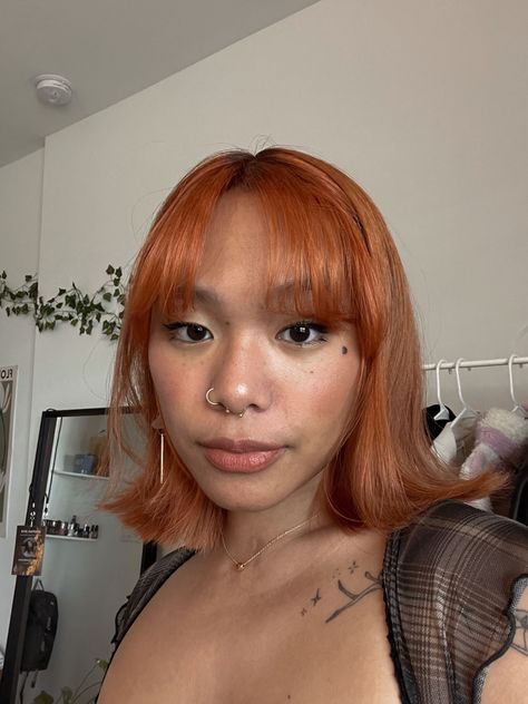 girl with ginger orange hair, aesthetic hairstyle Asian Orange Hair, Dyed Hair Tan Skin, Orange Hair Asian, Short Copper Hair With Bangs, Short Ginger Hair With Bangs, Ginger Hair Asian, Asian Ginger Hair, Short Haircut Asian, Copper Hair Asian