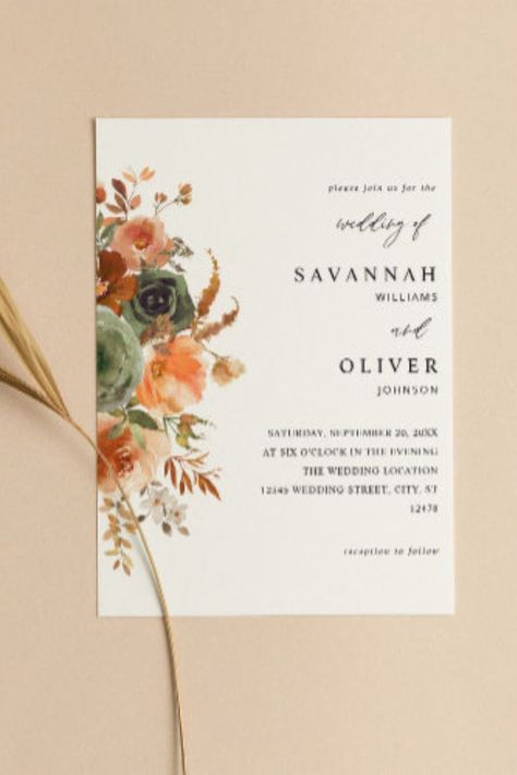 Get your guests excited about your wedding with your Green & Terra Cotta Floral Wedding Invitations. Earthy Natural Neutrals of sage green, terracotta oranges (or rust orange),& orange hand painted florals are featured in this modern & chic Wedding Invitation. The colors make this invite great for Summer and Fall Weddings as well as weddings with Boho or Bohemian themes. Pair with greens, oranges, and terra cottas in the bridesmaids dresses for an exquisite look. Sage Green And Terracotta, Terra Cotta Wedding, Orange Wedding Invitations, Rusting Wedding, Chic Invitation, Chic Wedding Invitations, Earthy Wedding, Black And White Wedding Invitations, Sage Wedding