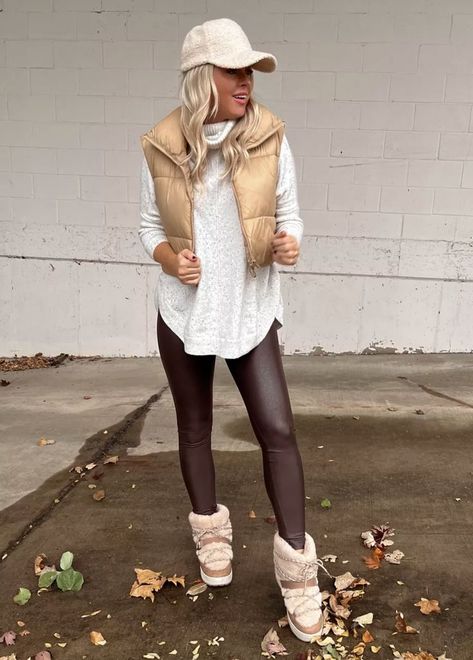 Cream Leather Leggings, Brown Leggings Winter Outfit, Brown Metallic Leggings Outfit, Brown Leather Leggings Outfit Winter, Faux Brown Leather Leggings Outfit, Light Brown Leggings Outfit, Faux Leather Vest Outfit, Brown Leggings Outfit Winter, Brown Leggings Outfit Fall