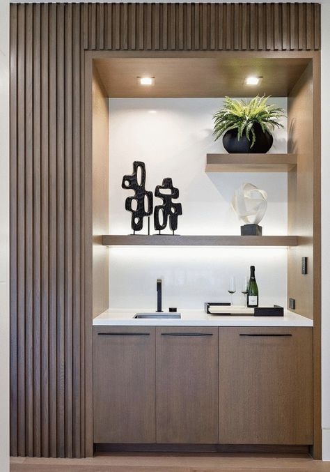 Built In Bar Nook Modern, Hotel Room Bar Cabinet, Built In Nook Living Room, Wet Bar Bedroom, Dining Room Design With Bar, Wet Bar With Shelves, Wet Bar With Full Size Refrigerator, Hotel Pantry Design, Kitchenette In Living Room