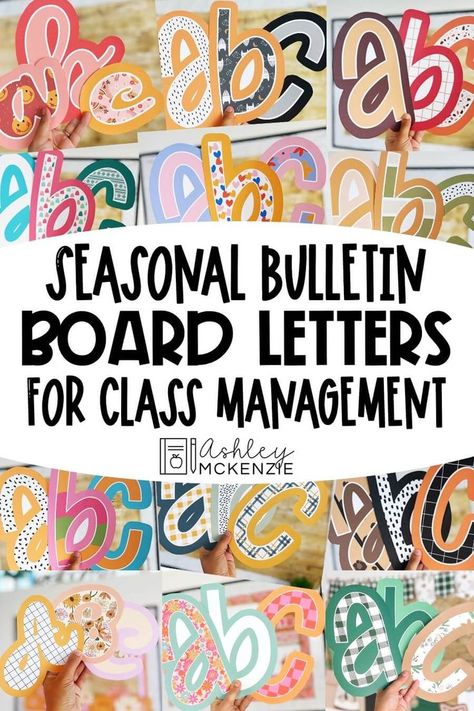 A variety of seasonally themed A-Z bulletin board letters are being held up. Seasonal Bulletin Boards, Ashley Mckenzie, Class Management, Teacher Help, Writing Activities, Classroom Management, 5 Ways, Bulletin Board, Bulletin Boards