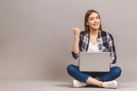 Happy smiling woman working on laptop co... | Premium Photo #Freepik #photo #technology #computer #education #woman Wattpad Templates, Student Images, Smiling Girl, Online Degree Programs, Pointing Fingers, Student Photo, Business Poster, Hands In The Air, Online Training Courses