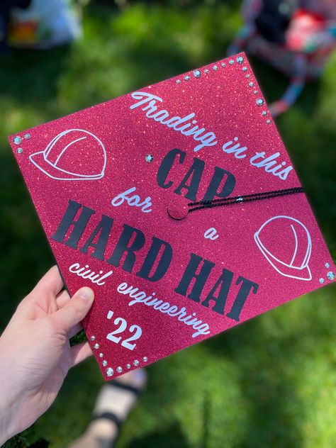 Graduation Cap Designs Construction, Civil Engineer Photoshoot, Civil Engineer Graduation Cap, Civil Engineering Cap Graduation, Electrician Graduation Cap, Construction Graduation Cap, Welding Grad Caps, Welder Graduation Cap Ideas, Grad Cap Ideas Engineering