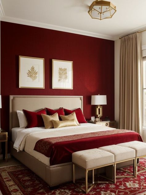 Aesthetic Red Bedroom, Red Accent Wall Bedroom, Red Rug Bedroom, Burgundy Bedroom, Maroon Walls, Red Bedroom Design, Burgundy Living Room, Bedroom Seating Area, Colorful Room Decor