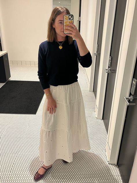 Fal Vicenza Eyelet Midi Skirt curated on LTK White Skirt Work Outfit, Fall White Skirt Outfits, White Midi Skirt Outfit, Midi Skirt Outfit Winter, Plus Size Business Attire, White Skirt Outfit, White Eyelet Skirt, Skirt Outfit Fall, White Skirt Outfits