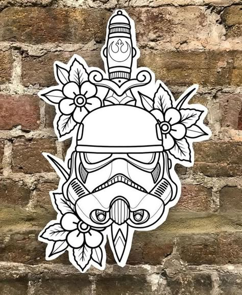 Stormtrooper Tattoo, Star Wars Tattoo Sleeve, Fallout Tattoo, Traditional Tattoo Outline, Pop Culture Tattoos, Traditional Tattoo Stencils, Sam King, Traditional Tattoo Flash Art, Traditional Tattoo Inspiration