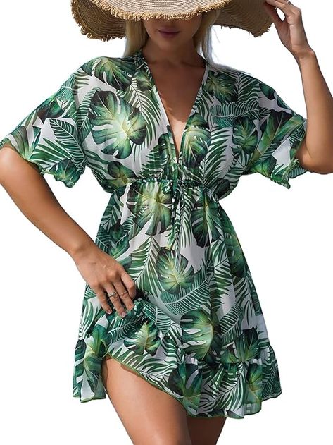 MakeMeChic Women's Swimsuit Coverup Deep V Neck Half Sleeve Tropical Print Bathing Suit Cover Up Beach Dress Coverup Beach, Bathing Suit Covers, Bathing Suit Cover Up, Women's Cover Up, Elegant Dresses Long, Cover Ups, Beachwear For Women, Swimsuit Cover Ups, Swimwear Outfit