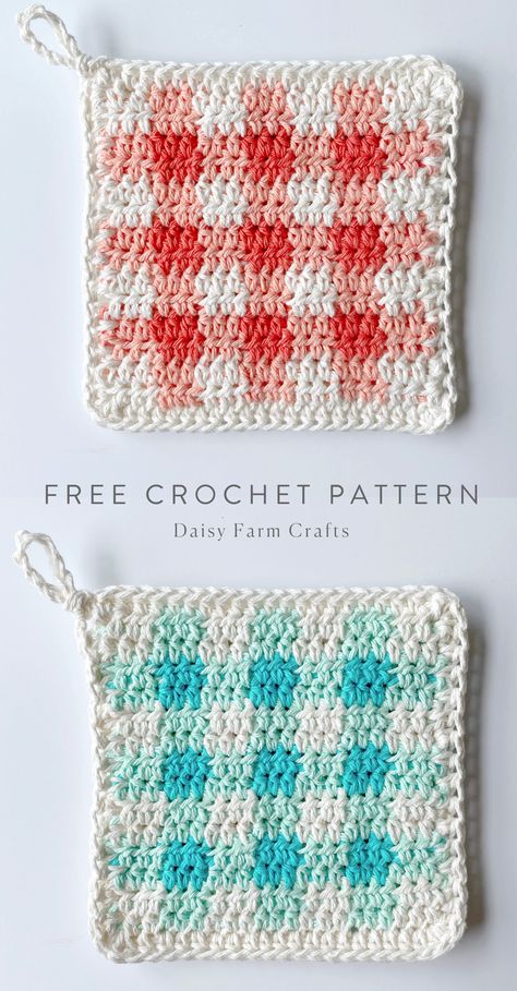 Free Pattern - Crochet Picnic Gingham Hot Pads Crochet Picnic, Picnic Gingham, Corak Krusye, Daisy Farm, Crochet Potholder Patterns, Crochet Hot Pads, Crochet Sheep, Dishcloth Crochet Pattern, Crochet Geek