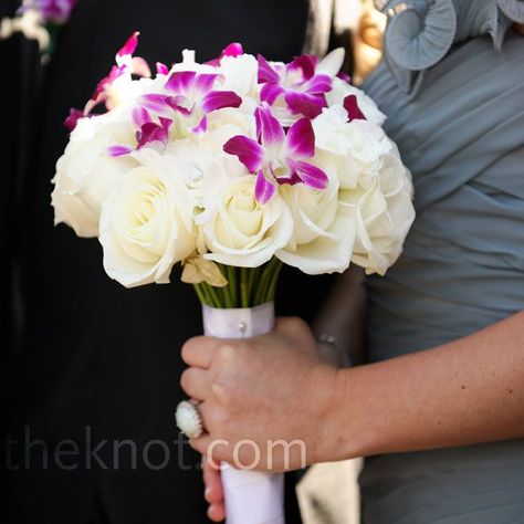 White and Magenta Bouquet Magenta Bouquet, Blue Dendrobium Orchids, Orchid Corsages, Wedding Bridesmaid Bouquets, Fuchsia Wedding, Dendrobium Orchids, Bridesmaid Bouquets, Blue Orchids, Real Weddings Photos