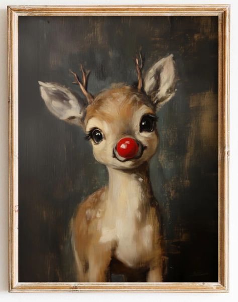 Christmas Drawing Reindeer, Christmas Dog Paintings Easy, Rudolf Painting, Easy Santa Painting, Baby Deer Drawing, Rudolph Painting, Christmas Mini Canvas, Reindeer Painting, Reindeer Drawing