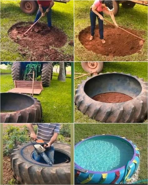 garden, woodworking, pallet and DIY projects🪵🛋 | I used this method to make my mini pool almost 0 costs 😍👌💥 | Facebook Tyre Ideas, Old Tyres, Reuse Old Tires, Tire Garden, Outdoor Ponds, Mini Pool, Chicken Garden, Outside Activities, Old Tires