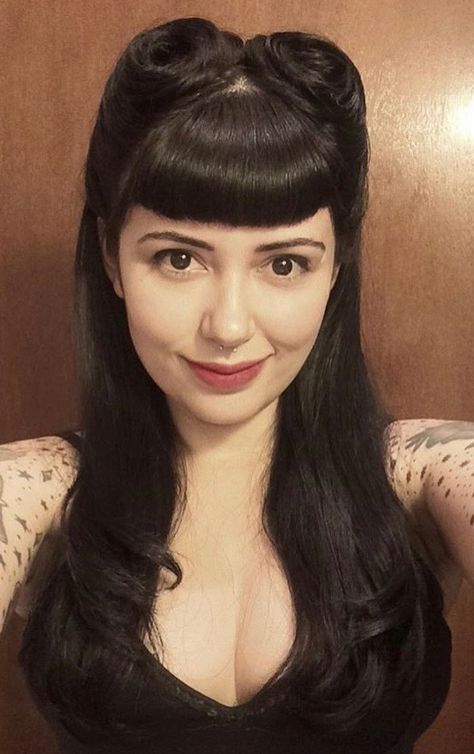 Bettie Bangs Hairstyles, Long Hair Edgy, Dark Waves, Intricate Braids, 50s Hairstyles, Gothic Hairstyles, Unique Looks, Goth Hair, Rockabilly Hair