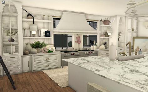 Bloxburg Suburban Kitchen Ideas, Block Burg Kitchen Ideas, Bloxburg Kitchen Farmhouse, Bloxburg Mansion Kitchen Ideas, Bloxburg White Kitchen, Blockburg Kitchen Idea, Kitchen Interior Bloxburg, Cozy Kitchen Bloxburg, Bloxburg Interior Kitchen