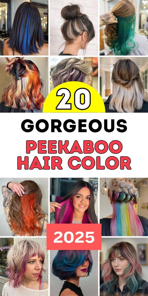 Unleash your creativity with 20 stunning peekaboo hair color ideas for 2025, blending bold shades of blue and red with soft purple and blonde brown highlights. Ideal for brunettes, black women, and short styles, these designs incorporate light brown and burgundy tones for added depth. Boho braids, rainbow accents underneath, and natural hair textures elevate your look, while side bangs and green or pink hues add playful sophistication. Blonde Brown Highlights, Peekaboo Hair Color Ideas, Natural Hair Textures, Peekaboo Hair Color, Color 2025, Highlights Subtle, Hair Color Inspiration, Rainbow Highlights, Peekaboo Hair Colors