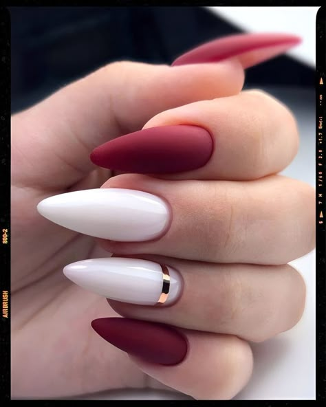 Red And White Nails, Maroon Nails, Almond Nails Designs, Classy Nails, Pretty Acrylic Nails, Chic Nails, Short Acrylic Nails, Nail Arts, Nail Polishes