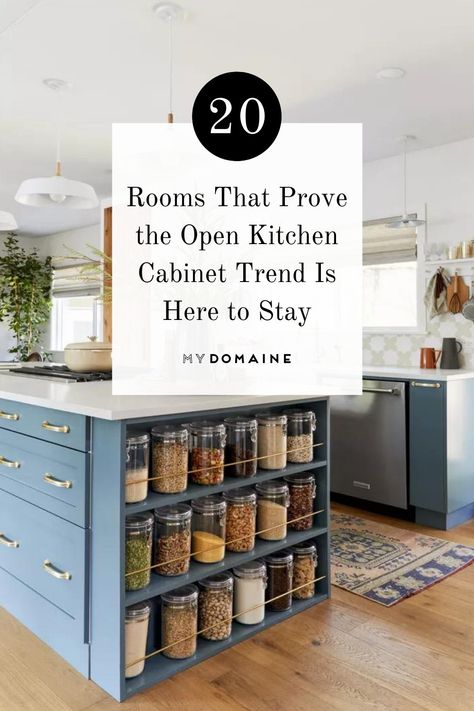 Open Kitchen Organization Ideas, Open Shelving Bottom Cabinets Kitchen, Kitchen Without Built In Cabinets, Open Front Kitchen Cabinets, Base Cabinet Open Shelving, No Top Cabinets Kitchen Open Shelving, Open Kitchen Cabinets Ideas Farmhouse, Open Cabinet Storage, Kitchen Cabinet No Doors