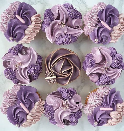 27. Purple Buttercream Garden Cupcakes Sweet and delicious, cupcakes are all the rage nowadays. Nothing is prettier that a cupcake. A small, individual version... Wedding Cupcake Designs, Creative Cupcake Recipes, Garden Cupcakes, Cupcake Piping, Elegant Cupcakes, Purple Cupcakes, Cupcake Decorating Tips, Fancy Cupcakes, Cupcake Decor