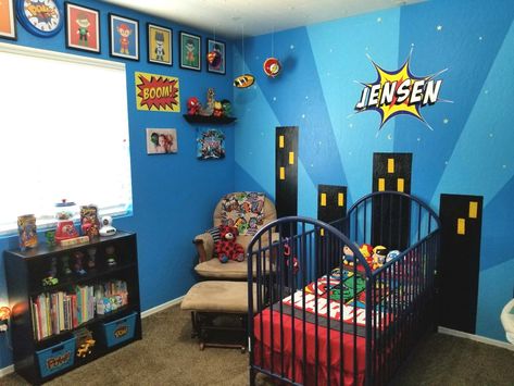 Superman Nursery, Marvel Boys Bedroom, Avengers Nursery, Baby Superhero Nursery, Marvel Nursery, Baby Boy Room Themes, Baby Nursery Ideas, Baby Marvel, Nursery Decor Ideas