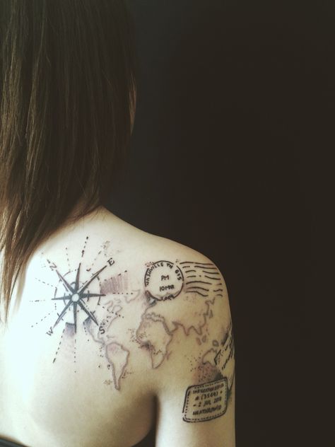 travel tattoo Wanderlust Tattoos, Wanderlust Tattoo, Compass Tattoo Design, Map Tattoos, Wild Tattoo, Map Vintage, Harbin, Word Tattoos, Skin Art