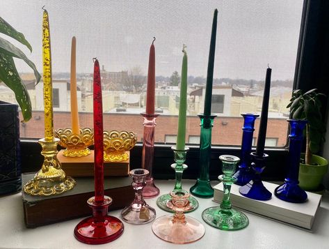 Taper Candle Holders Glass, Colored Glass Candlesticks, Coloured Glass Candle Holders, Short Glass Candle Stick Holders, Flushing New York, Colourful Glass Candle Holders, Blue Candlesticks, Strawberry Kitchen, Strawberry Drinks