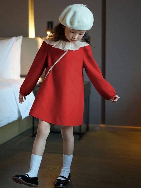 Red Cute Collar Long Sleeve Fabric Colorblock Tunic Embellished Slight Stretch Spring/Fall,Winter Young Girls Clothing Christmas Outfit For Girls Kids, Red Dress Kids, Small Girls Dress, Girls Red Dress, Outfit Elegantes, Girls Winter Dresses, Toddler Christmas Dress, Kids Dress Wear, Summer Outfits Kids