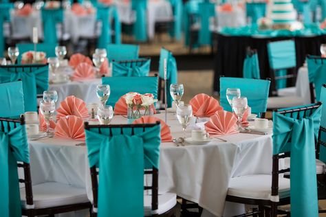 University of Maryland Wedding by S67 photography » KnotsVilla Turquoise Coral Weddings, Blue Coral Weddings, Coral Wedding Decorations, Aruba Wedding, Coral Wedding Colors, Teal Wedding Colors, Church Decorations, Chair Decor, Teal Coral